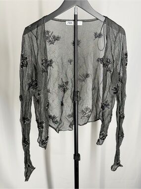 ZARA Black Sheer Embellished Long-Sleeve Tunic Top
